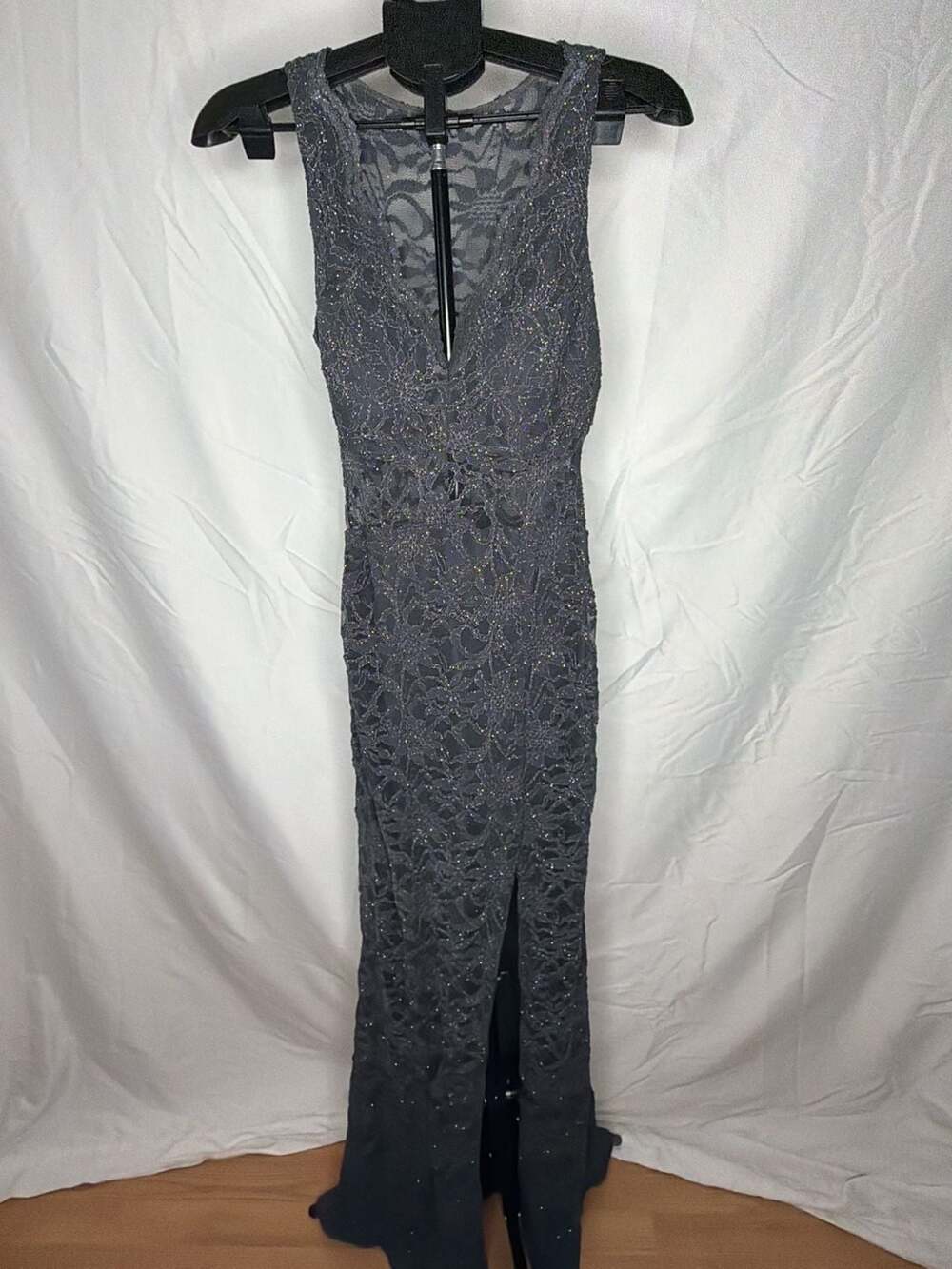 B. Darlin Maxi Dress Grey Glitter Lace Formal Prom Gown